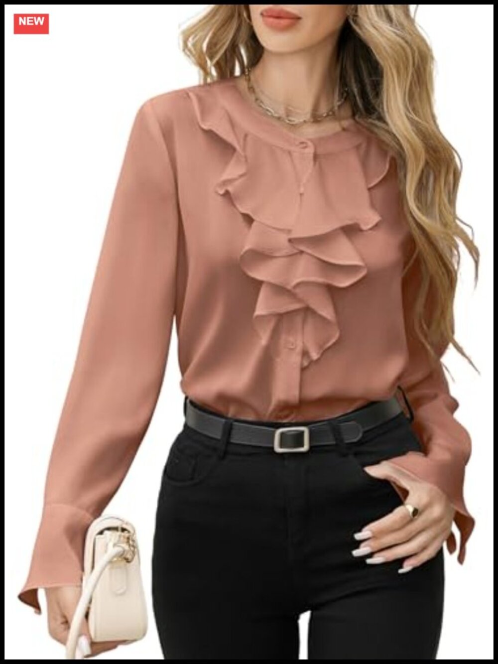 Womens Button Down Blouse Long Bell Sleeve Ruffle Business Shirt